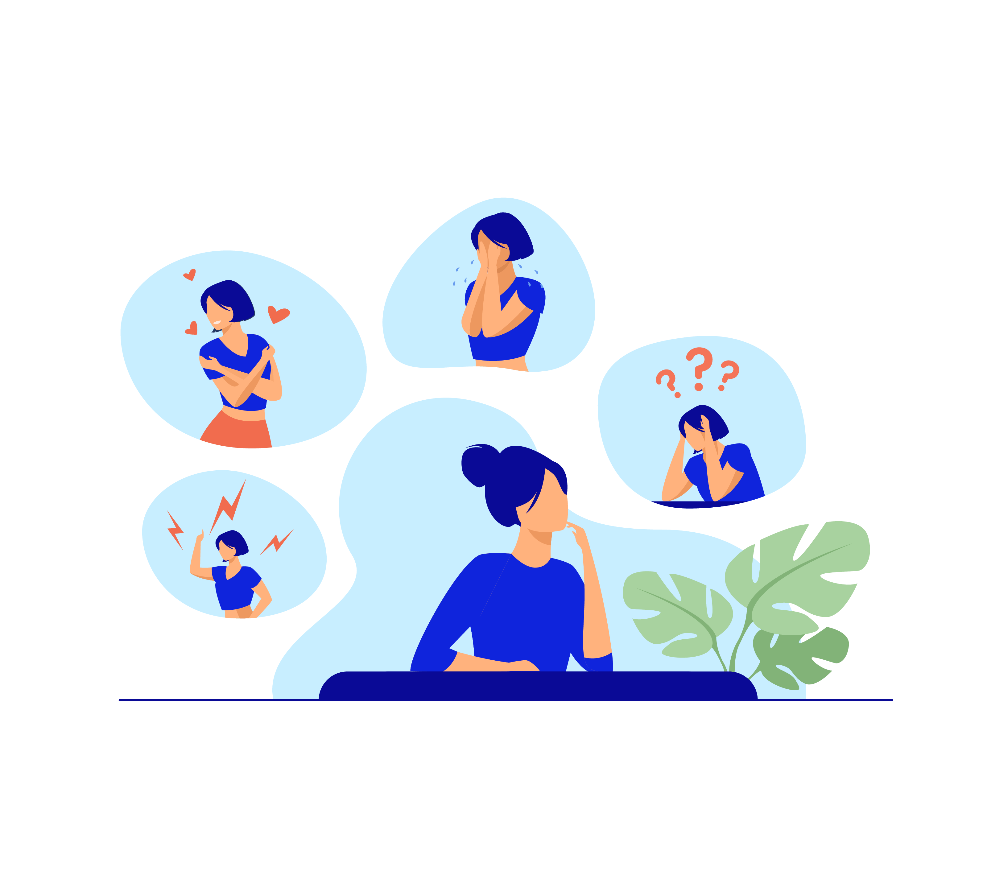 Imposter Syndrome Illustration of person thinking about different emotions