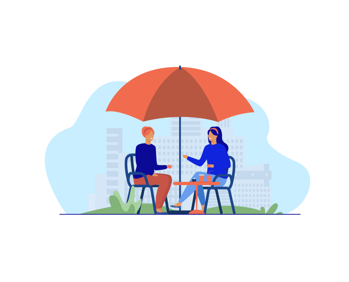 Illustration of two people catching up under an umbrella