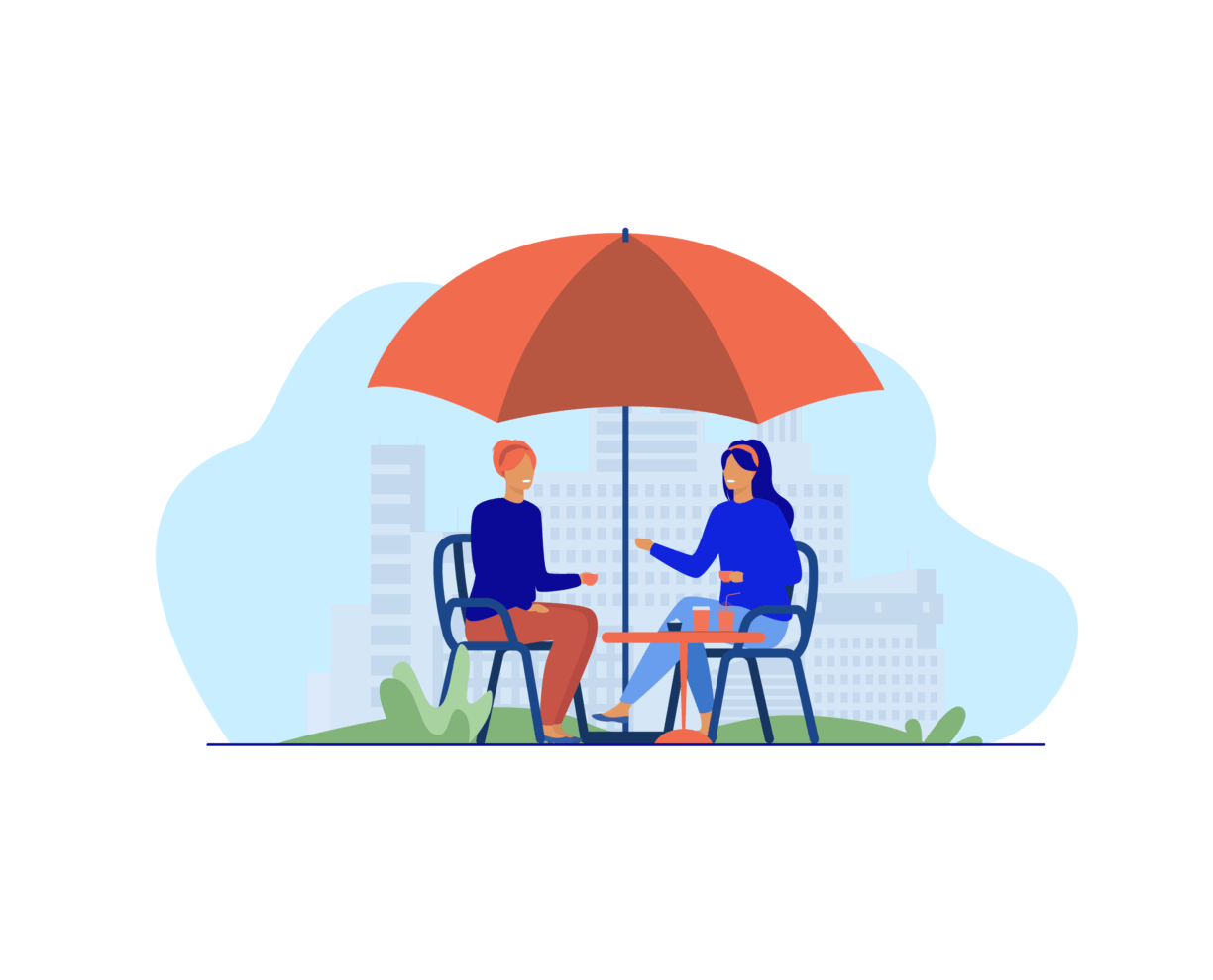 ACAP - 202108051134 - Lead Journey EDM Assets - Imposter Syndrome-03 Illustration of two people catching up under an umbrella