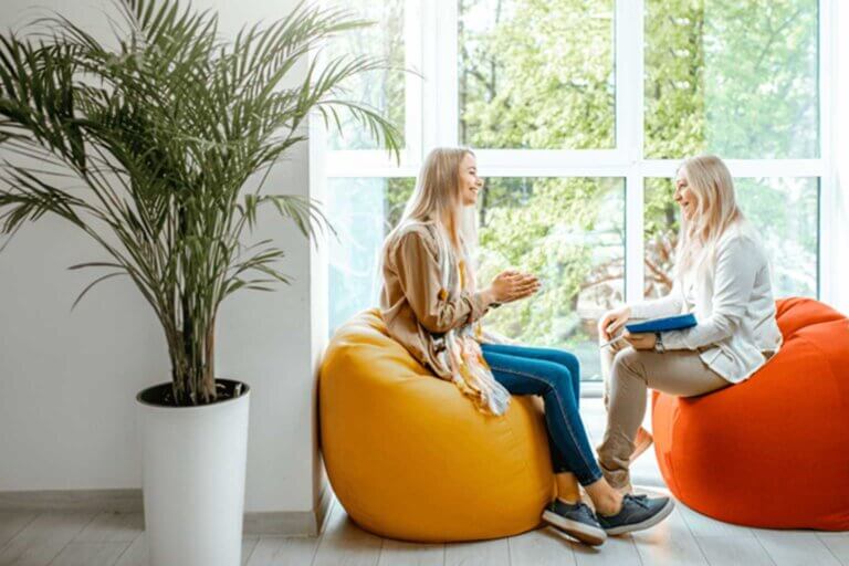 Bachelor of Psychological Science (Honours) Two people sit on bean bags in front of large wall of windows. They smile at each other. One person holds a clipboard and pen. A large potted plant is in the foreground and to the left of people.
