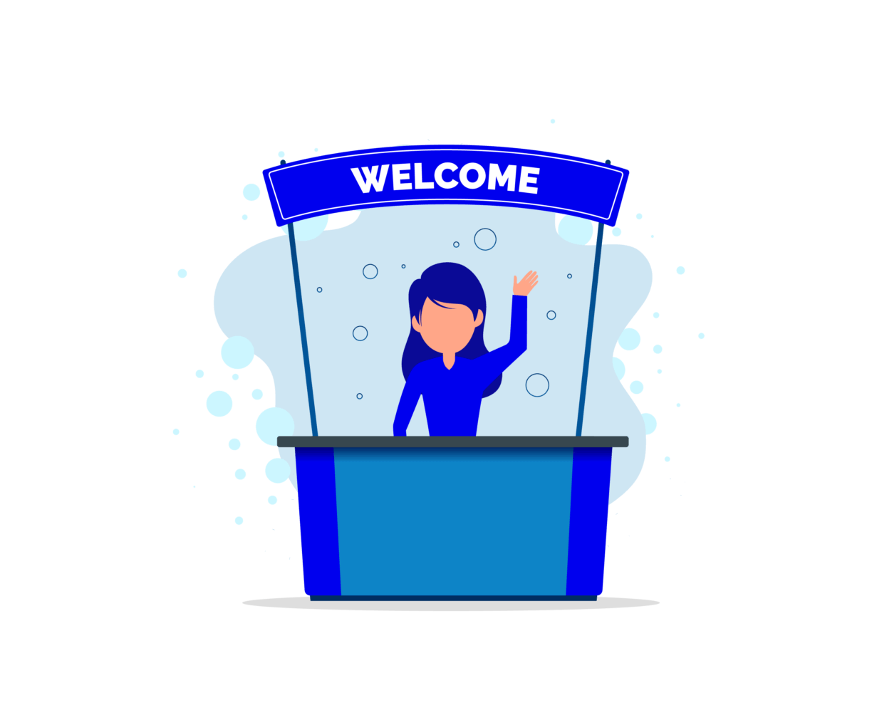 Digital image of blue stand with a person waving. Sign says Welcome