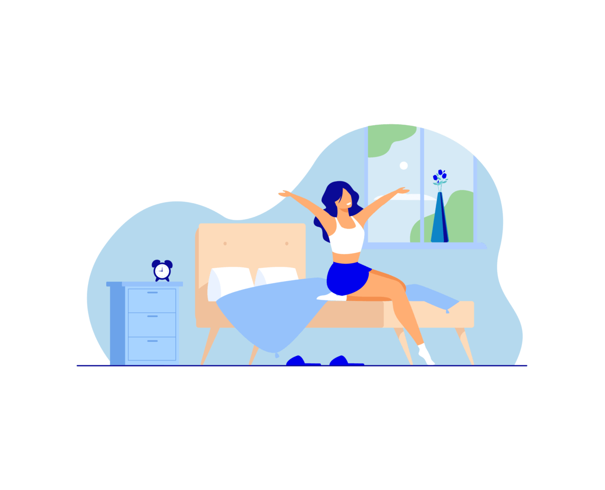 Illustration of person waking up from bed. Arms open