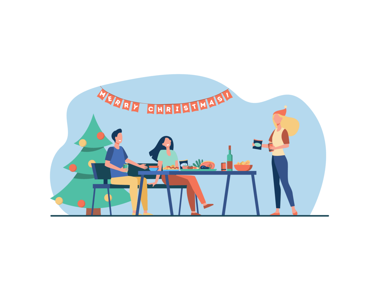 ACAP-202111301625-December2021Newsletter-SustainableIllustrations-04 Illustration of people enjoying a Christmas feast