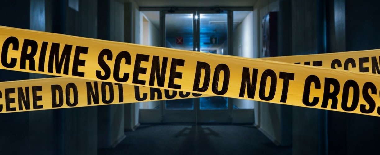 Crime scene tape crossed over a hallway