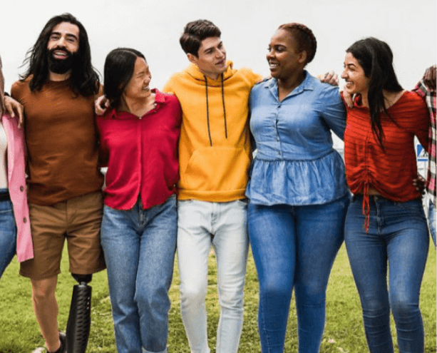 Five students standing in a row with their arms around each other's shoulders