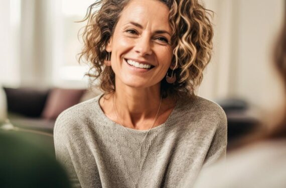 Smiling woman sitting in a therapy session, facing towards camera
