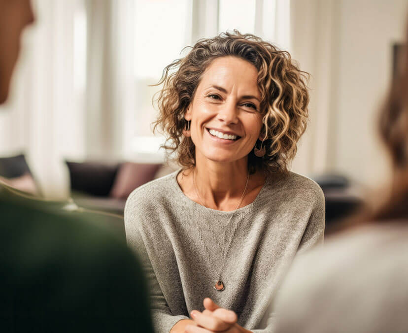 Smiling woman sitting in a therapy session