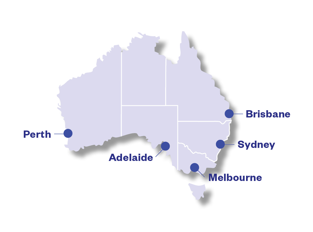 A map of Australia, showing ACAP campus locations with blue dot markings
